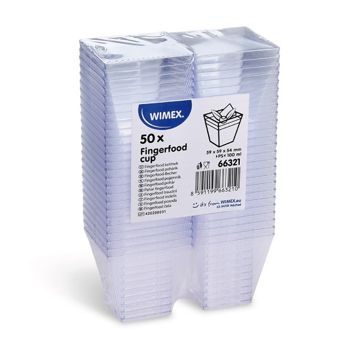Fingerfood kelímek hranatý, čirý 100ml 50ks /PS)